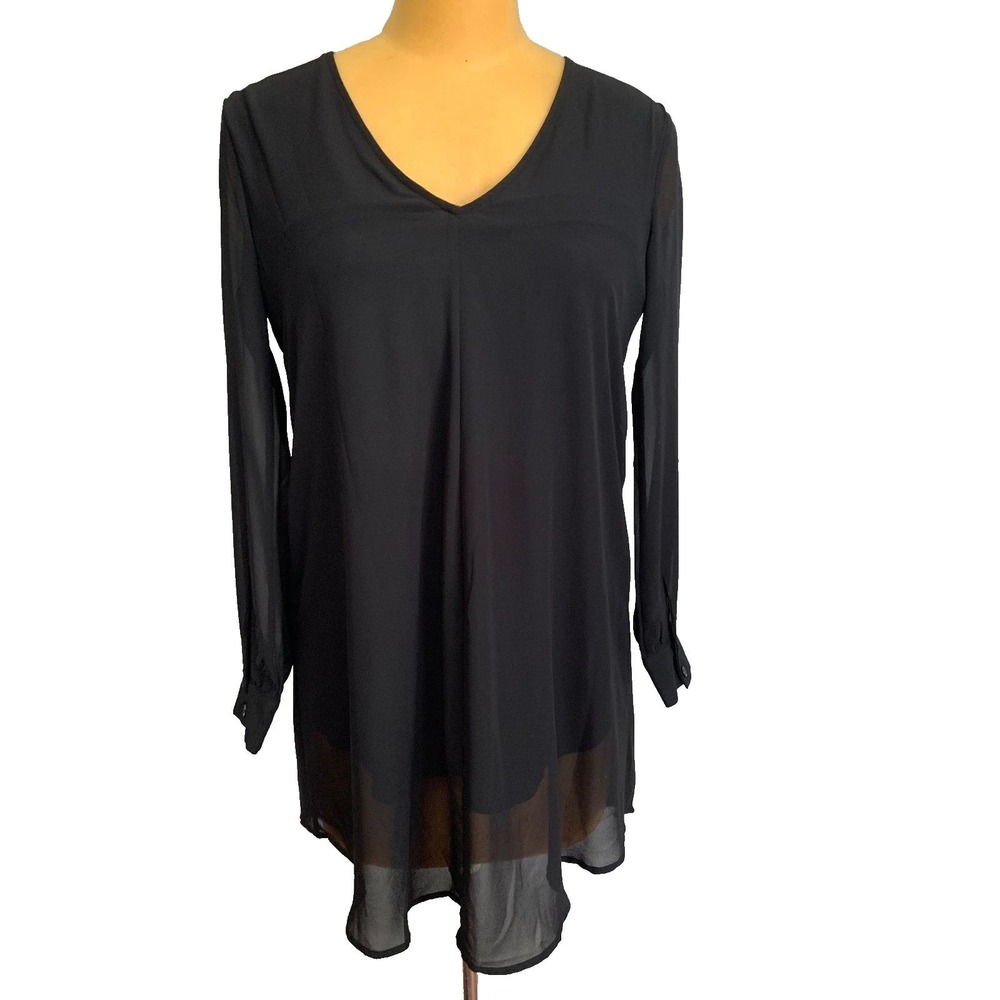 ASTR the Label Black Sheer Sleeve V-Neck Shift Tunic Dress Womens Medium EUC